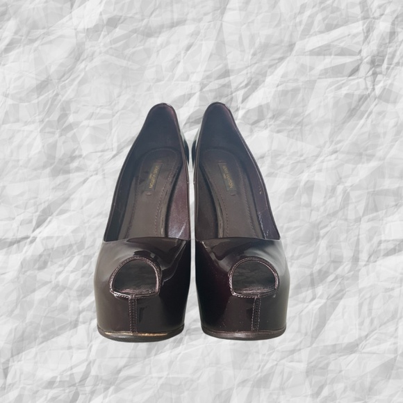 Louis Vuitton Black Patent Calf Leather Peep Toe Heeled Pumps Size EU38 Burgundy - Picture 2 of 8